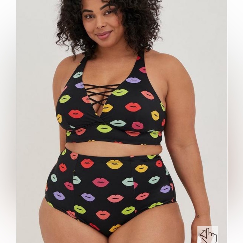 New! Set! Torrid sz 2 XO‎ Pop Star Lips Rainbow Bathing Swim Suit Top Bottom 2X